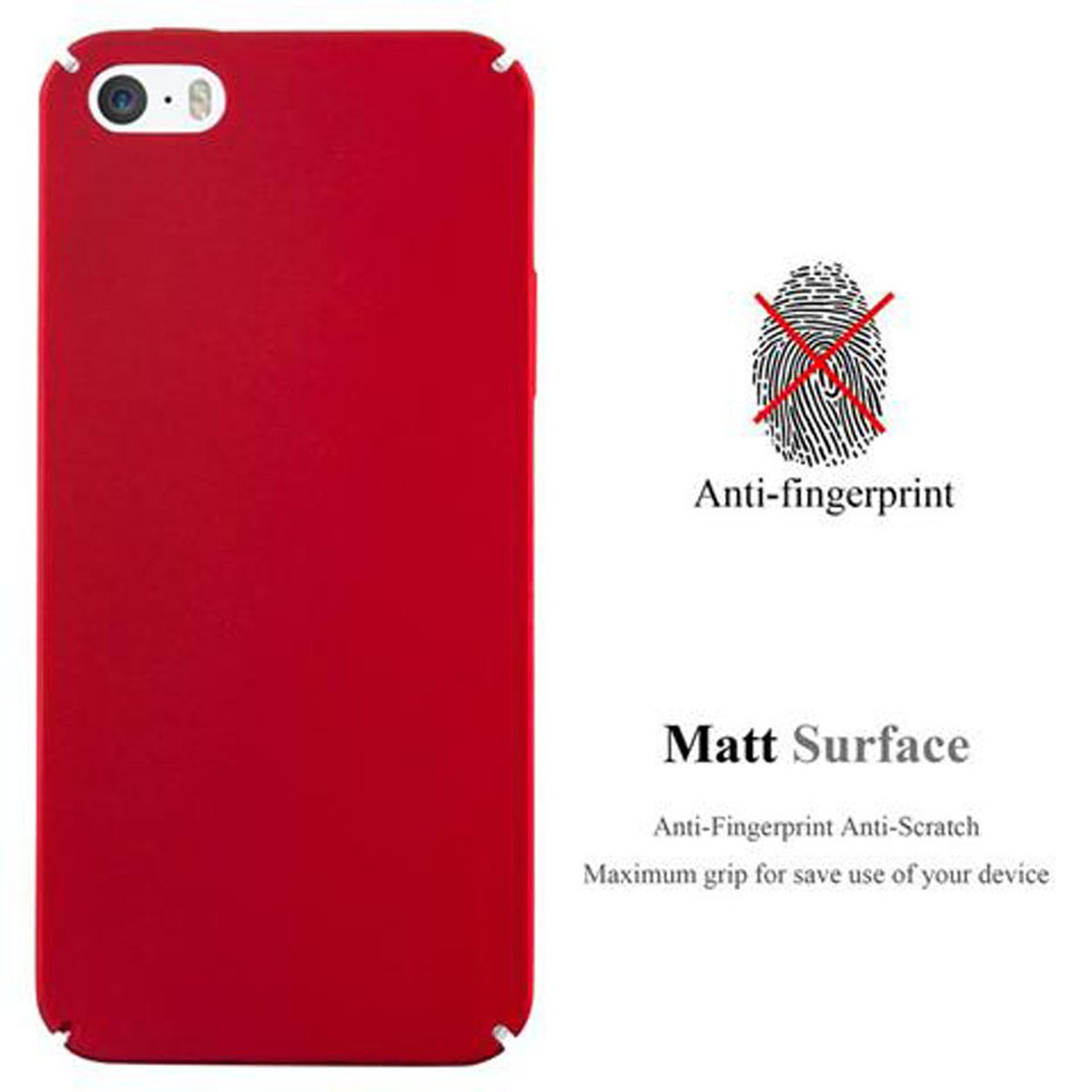 Eine rote Handyhülle mit matter Oberfläche. Der Text lautet „Anti-Fingerabdruck“. Das Telefon befindet sich nicht in der Hülle.