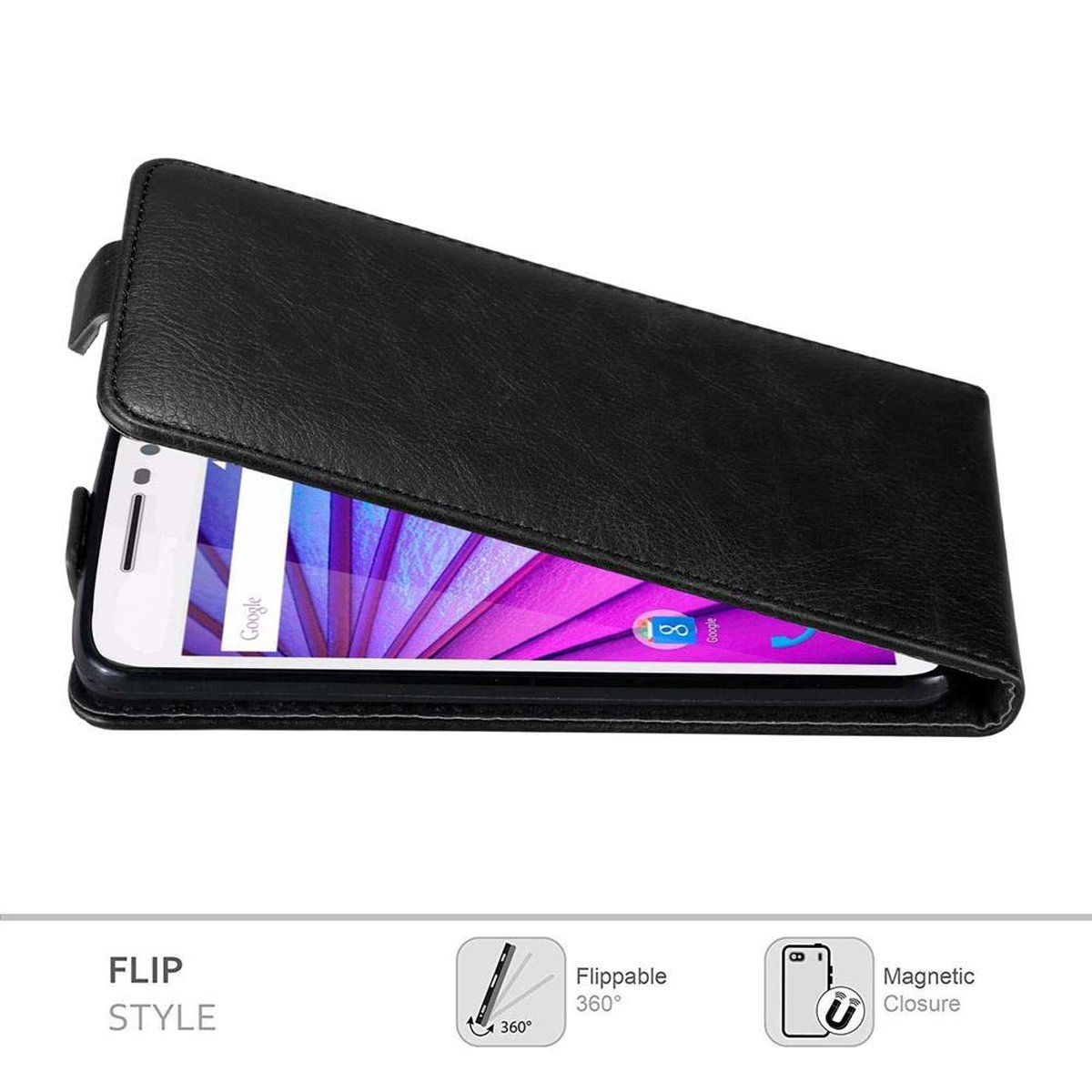 Funda de teléfono tipo flip negra con teléfono blanco dentro. Ilustración con estilo flip, cierre magnético.