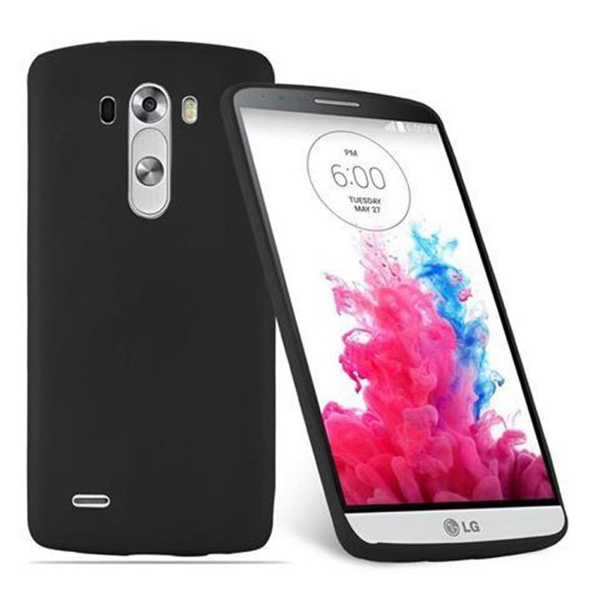 Schwarzes Telefon in einer Hülle. Der Bildschirm zeigt Zeit und bunte Grafiken. Schwarze Hülle links.