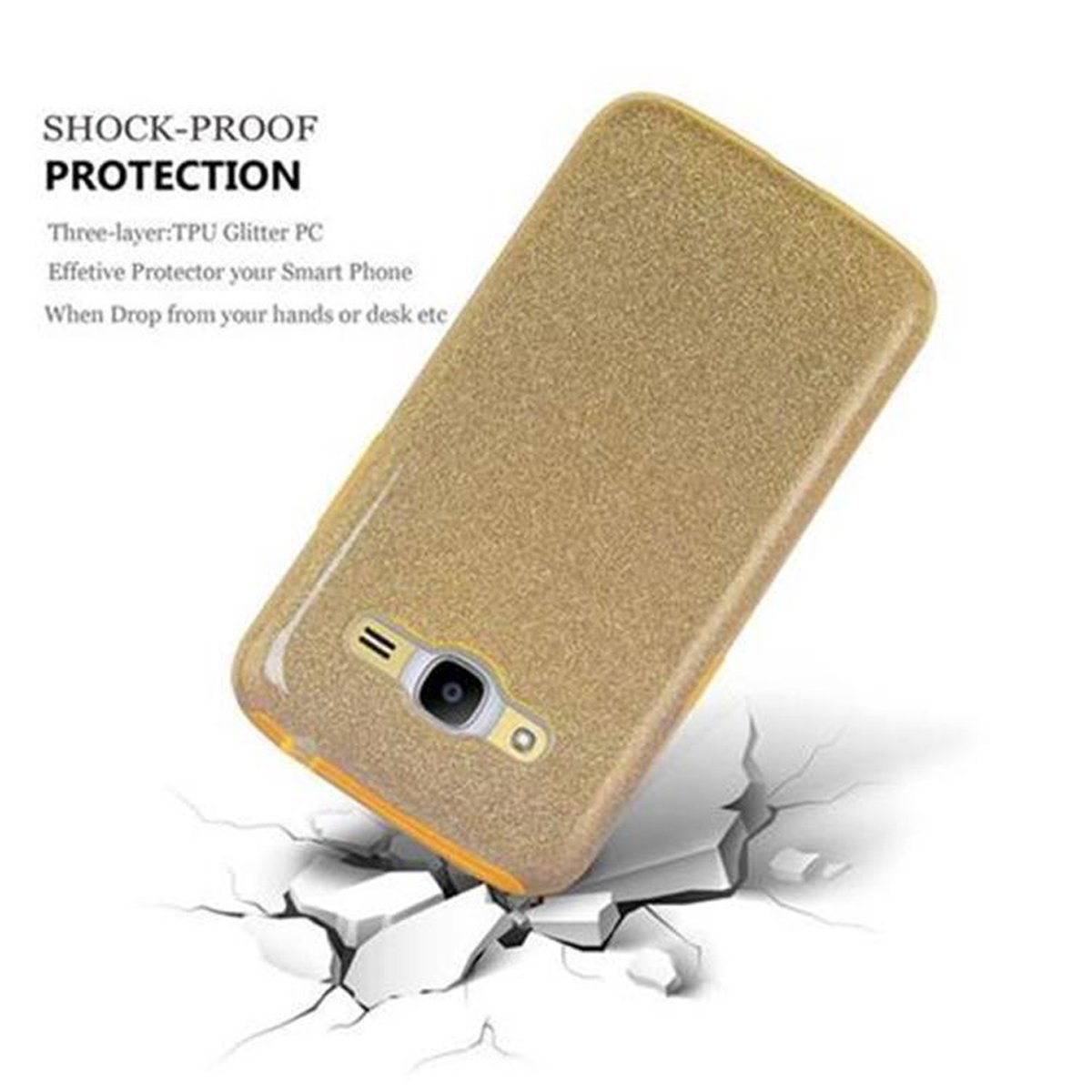 Funda dorada con purpurina. Texto sobre protección a prueba de golpes y su efectividad.
