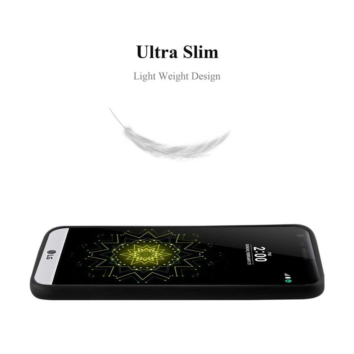 Ein Telefon an der Seite, mit einer Federgrafik daneben und dem Text 'Ultra Slim'.
