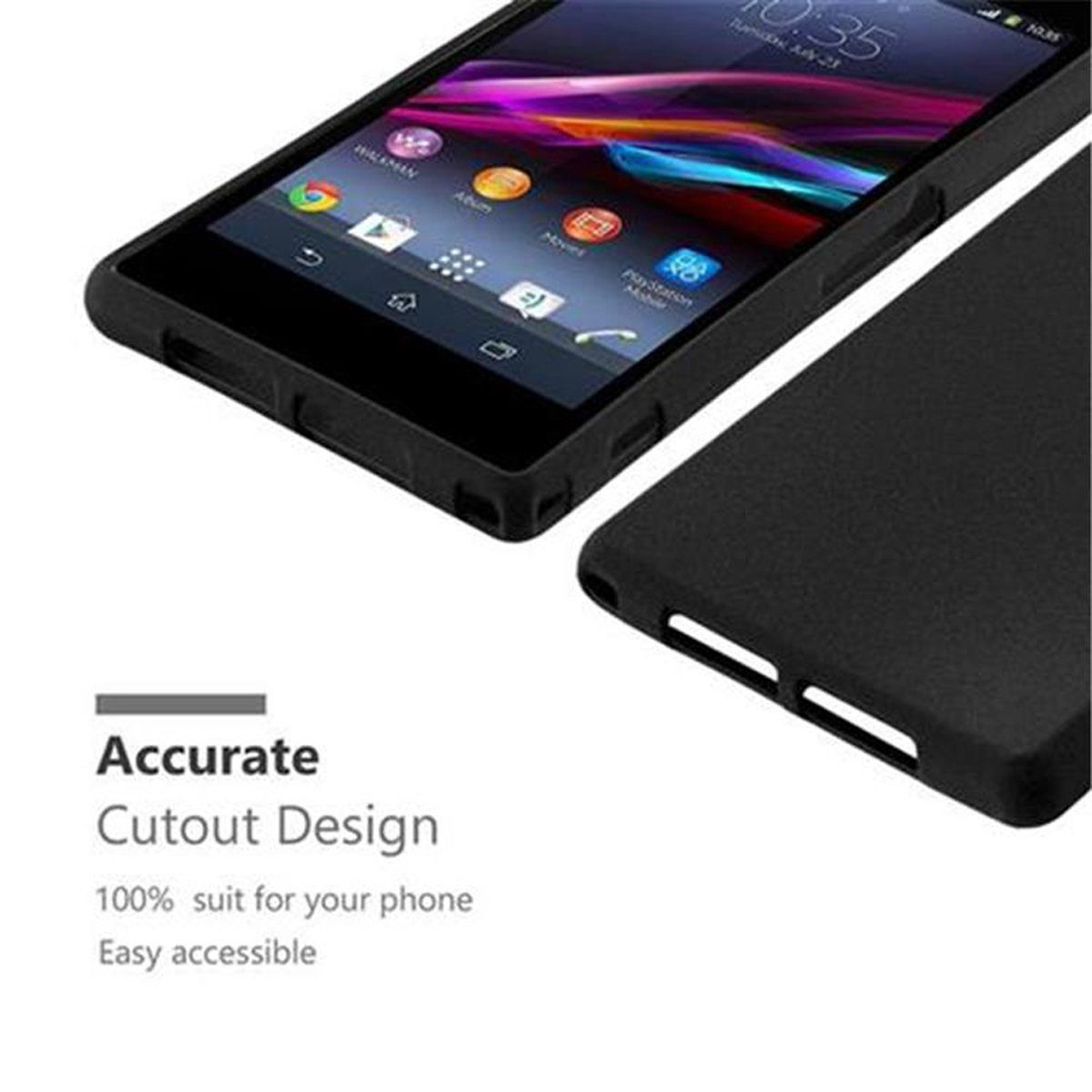 Una funda de teléfono con un teléfono dentro. El texto dice 'Accurate Cutout Design'.