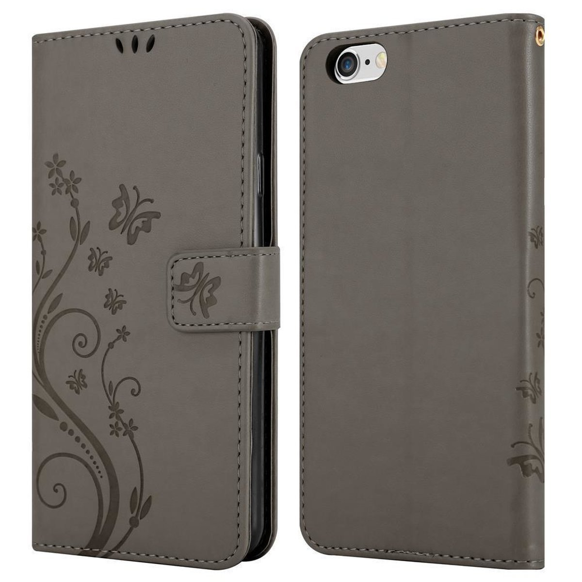 CADORABO Hülle Blumen Case, Bookcover, GRAU iPhone FLORAL 6S, Muster Apple, 6 Flower 