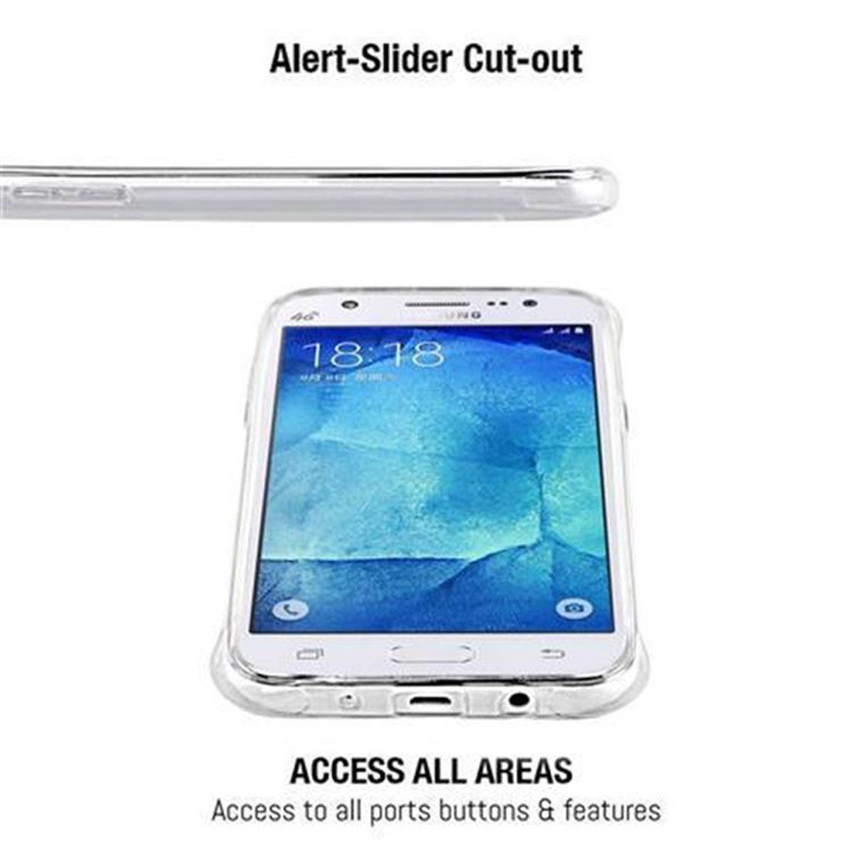 Un teléfono en una funda transparente. La imagen destaca el recorte y el acceso a todas las áreas.