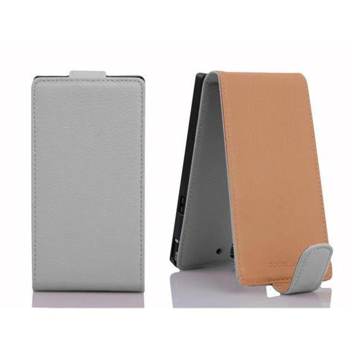Dos fundas de teléfono, gris y beige, con función de soporte.