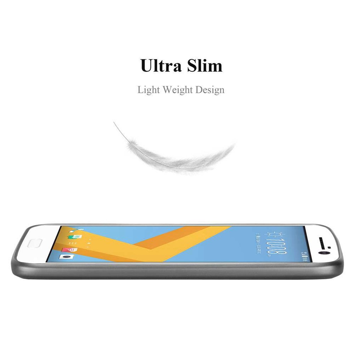 Ein Telefon in einer Hülle. Eine Feder darüber. Text: Ultra Slim, Light Weight Design.