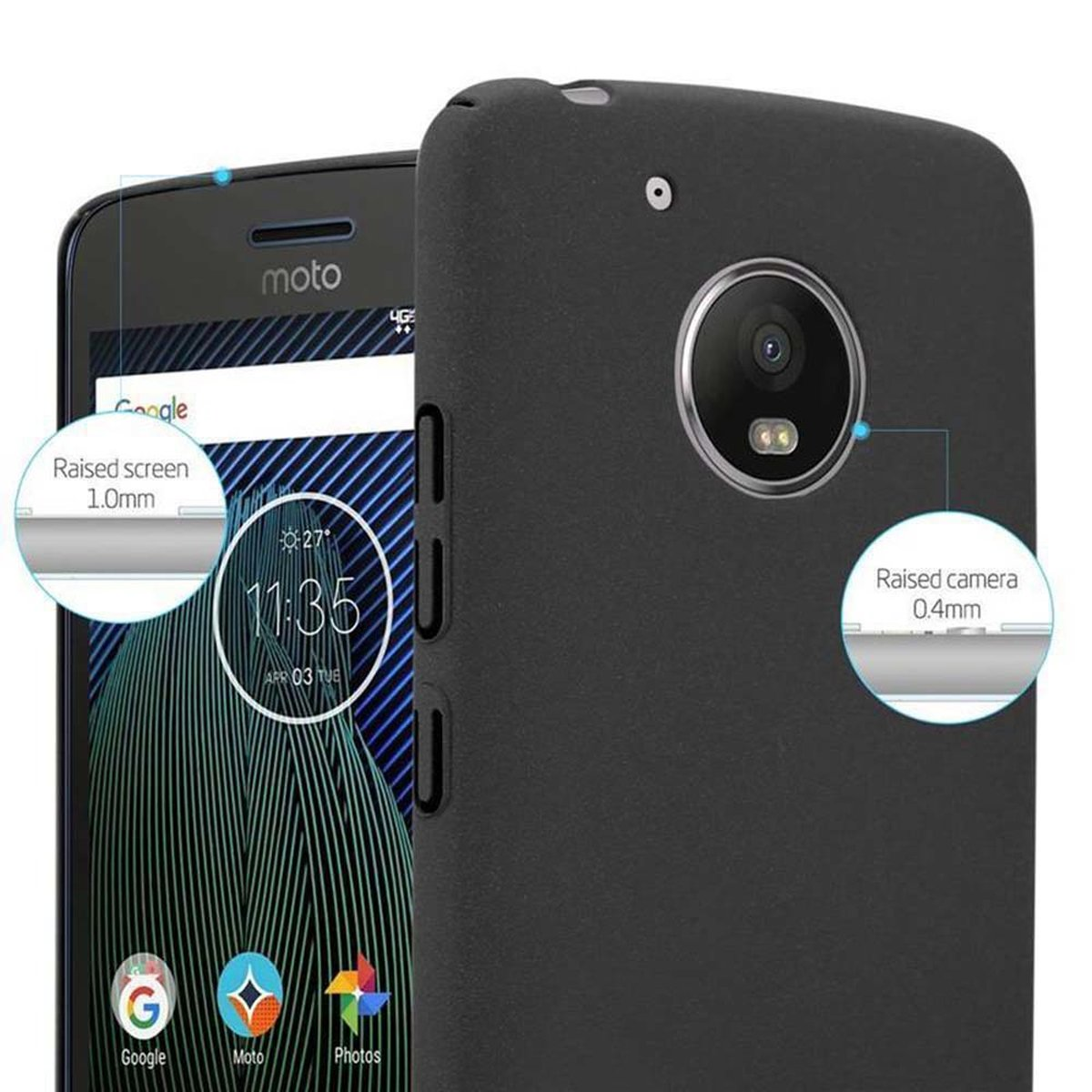 Telefono nero in custodia nera. Testo: 'Schermo rialzato 1,0 mm', 'Fotocamera rialzata 0,4 mm'. Icone Google, Moto e Foto.