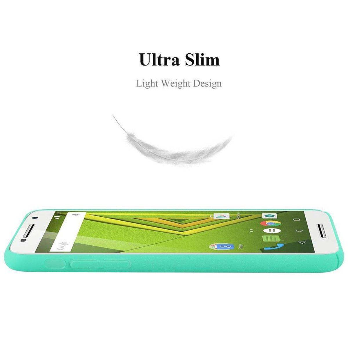 Un telefono in una custodia turchese su bianco, con una piuma sopra. Mostra icone di app.