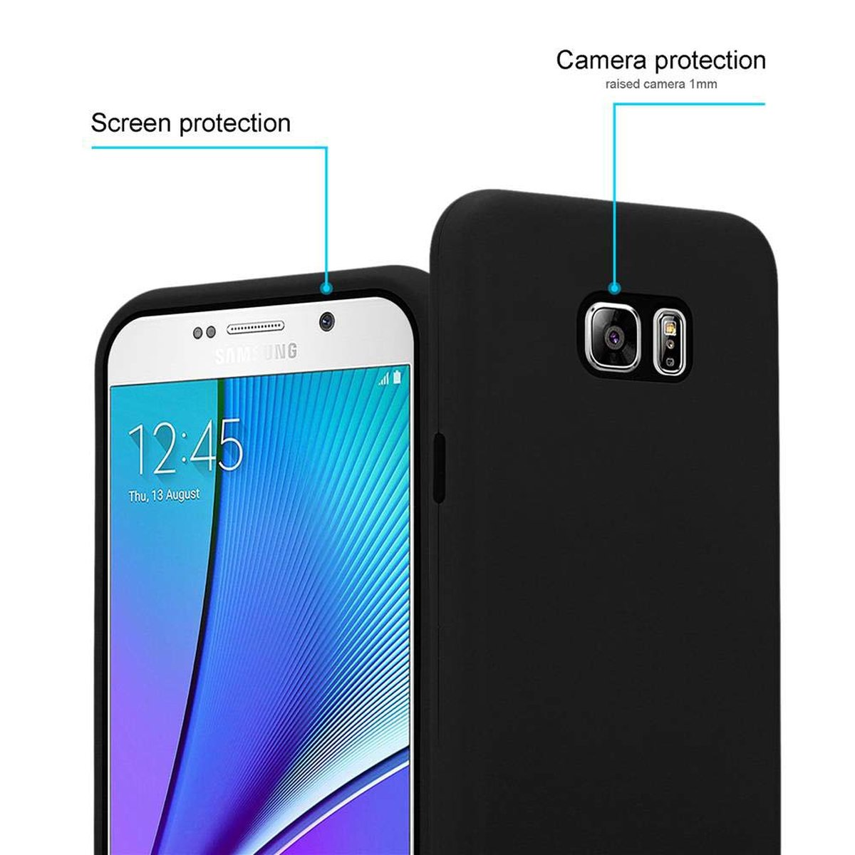Una custodia nera con un telefono all'interno. La custodia ha protezione per schermo e fotocamera. Lo schermo mostra l'ora.