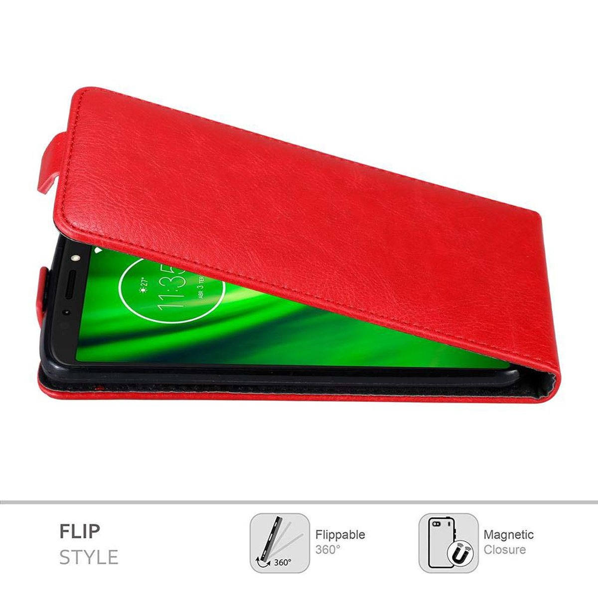 Rote Flip-Style-Handyhülle mit einem Telefon darin, das den Bildschirm mit angezeigter Uhrzeit zeigt.