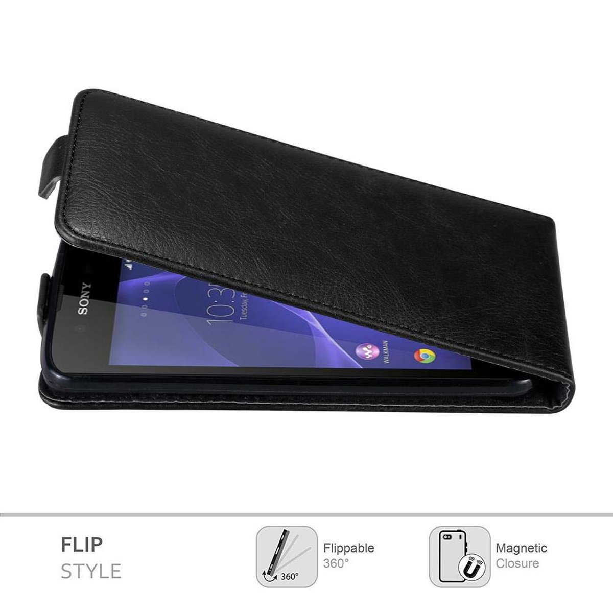 Schwarze Leder-Klapphandy-Hülle, offen, zeigt den Bildschirm des Telefons. Text: Flip Style und Magnetverschluss.