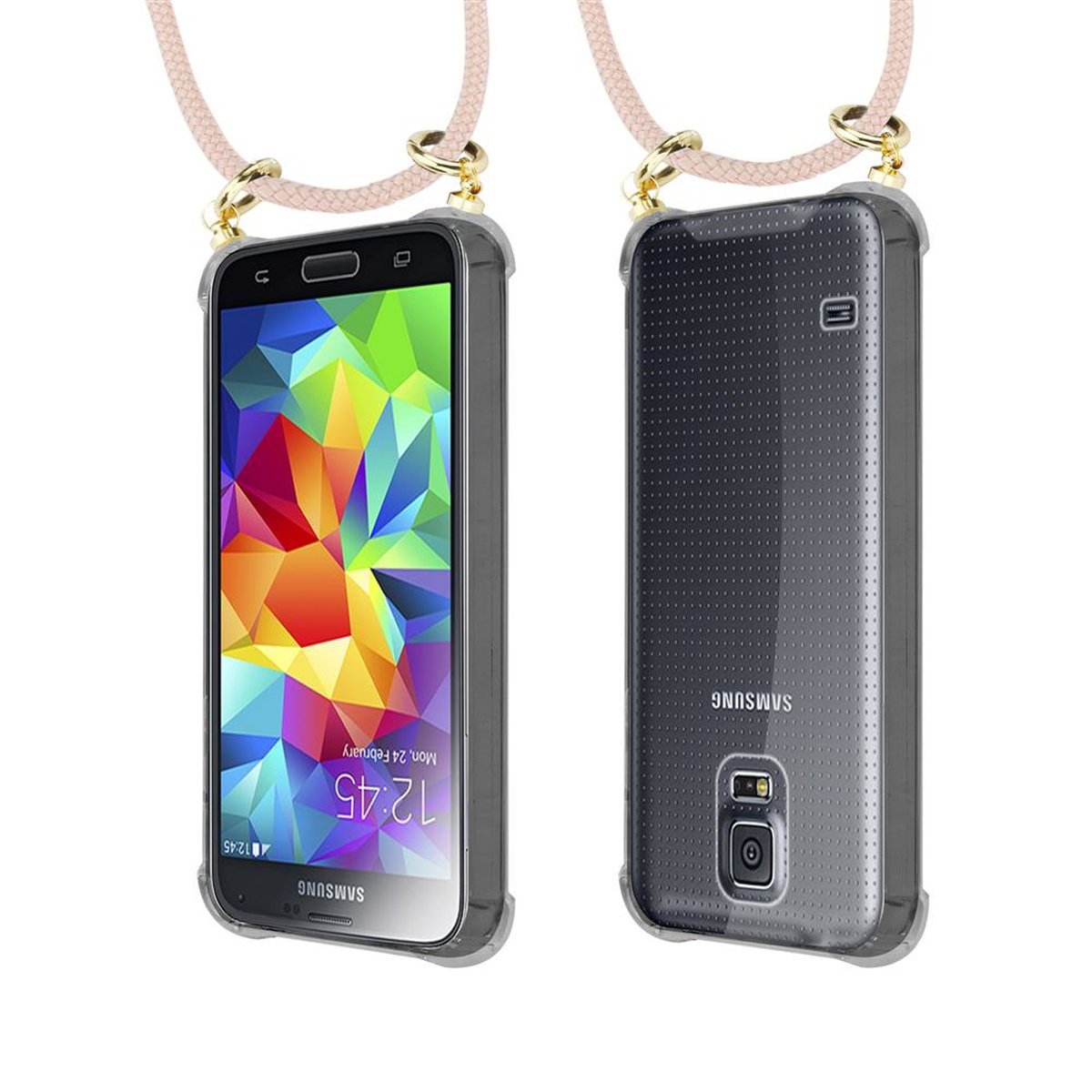 CADORABO Handy Kette mit Gold S5 Hülle, ROSÉGOLD und Galaxy PERLIG Band Kordel Ringen, Samsung, / Backcover, S5 NEO, abnehmbarer