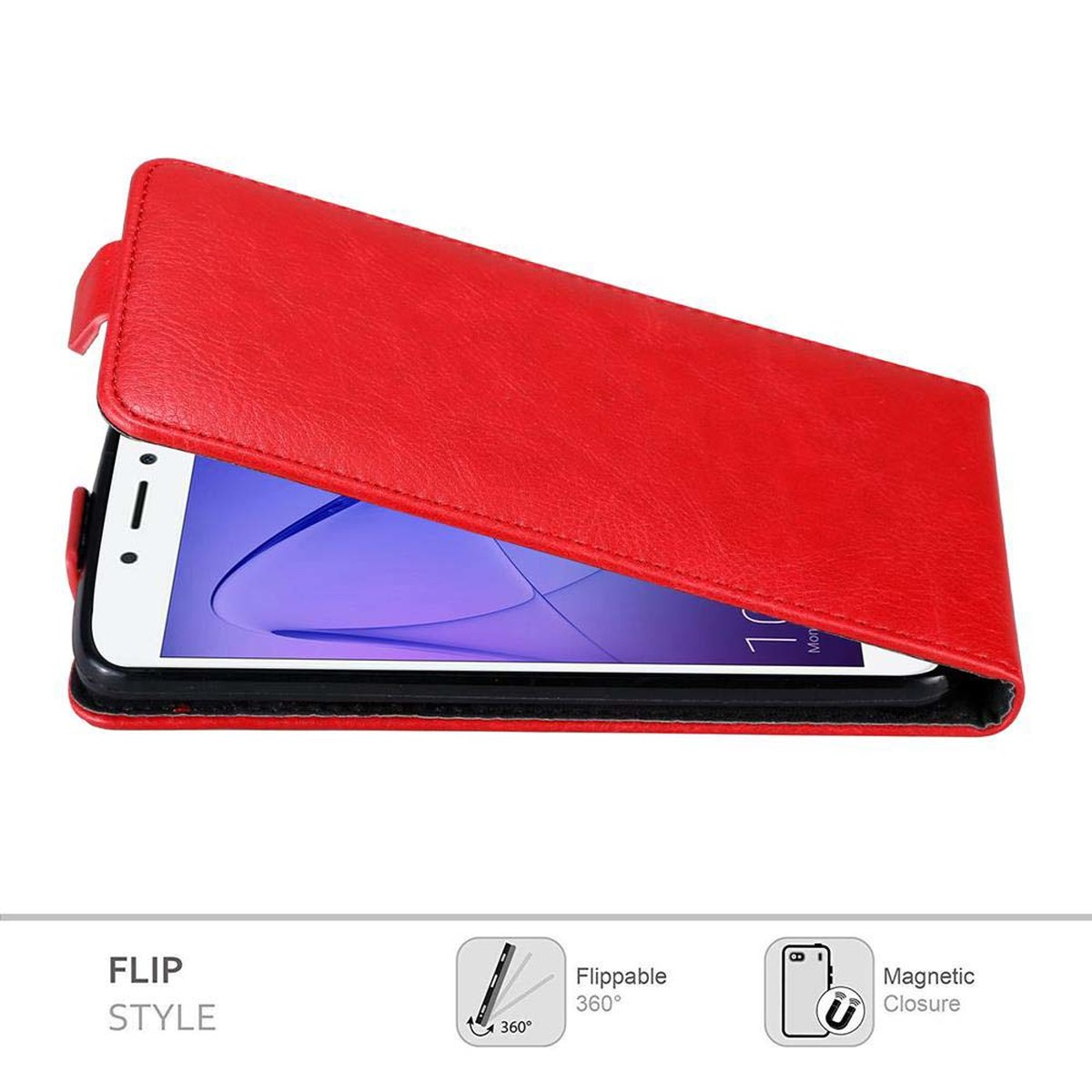Custodia a libro rossa, aperta per mostrare il telefono. Testo 'Flip Style'. Sfondo bianco.