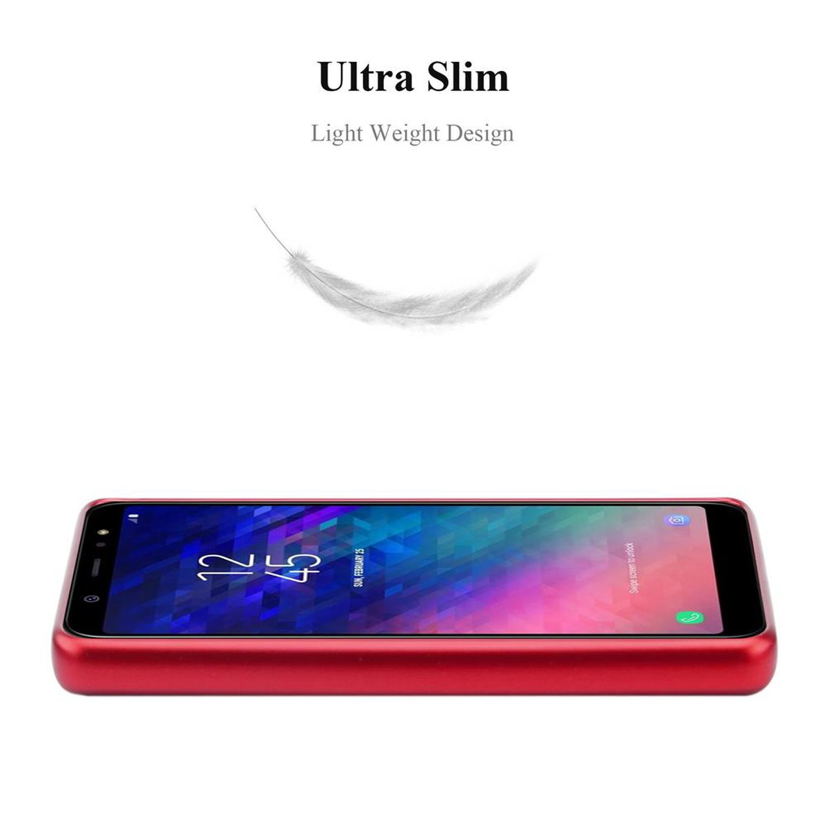 Rotes Telefon von der Seite. Weiße Feder und Text oben. Weißer Hintergrund.