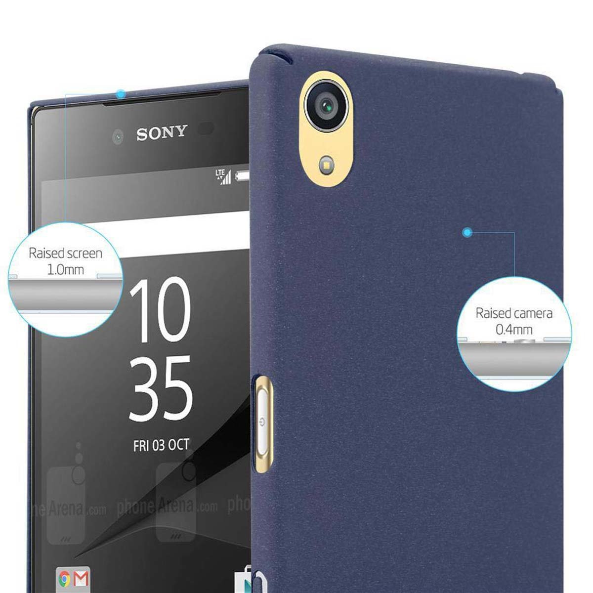 Un teléfono azul marino con una funda. Primer plano muestra la cámara y la pantalla elevadas.
