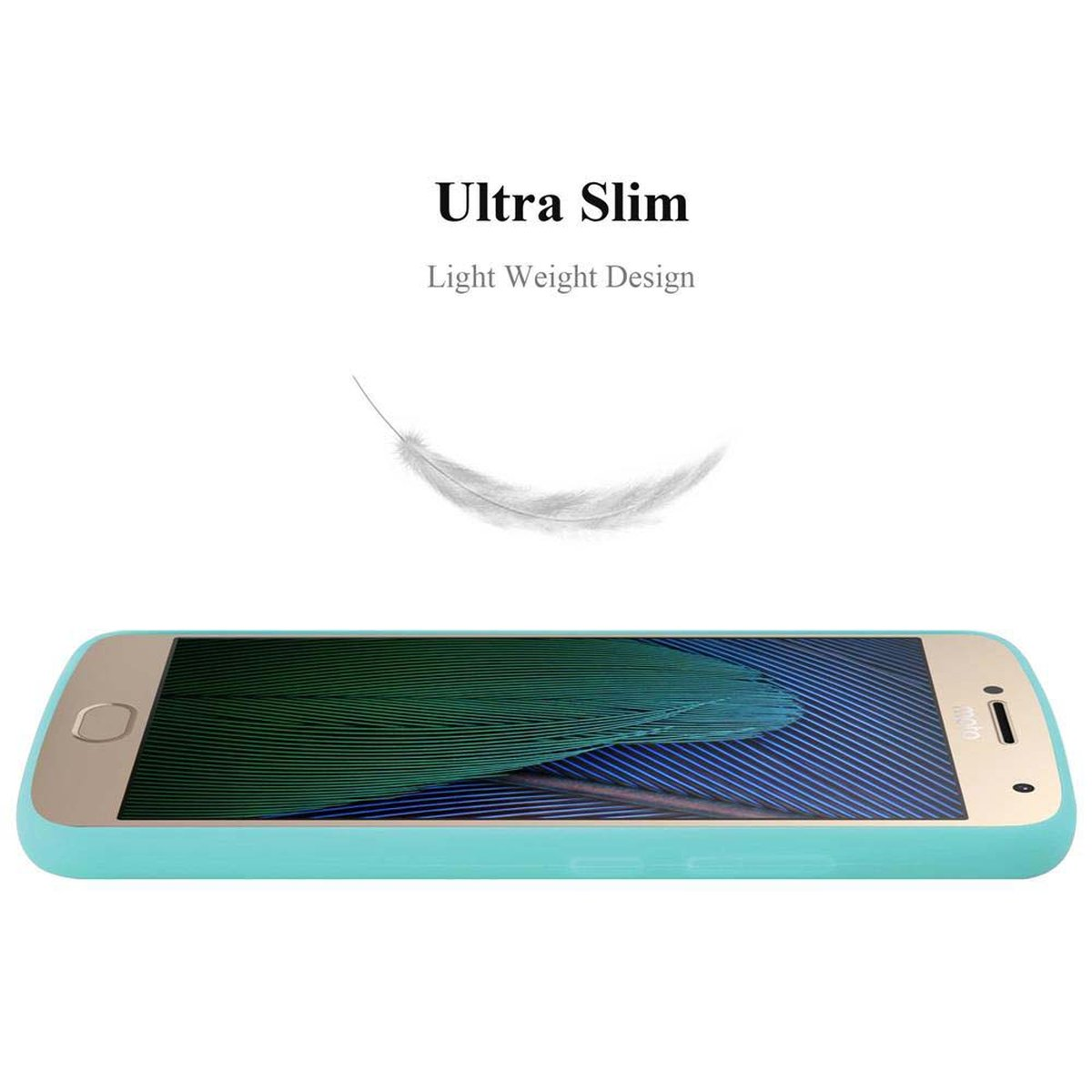 Telefono in una custodia verde menta. Testo: Ultra Slim, Light Weight Design e una piuma.
