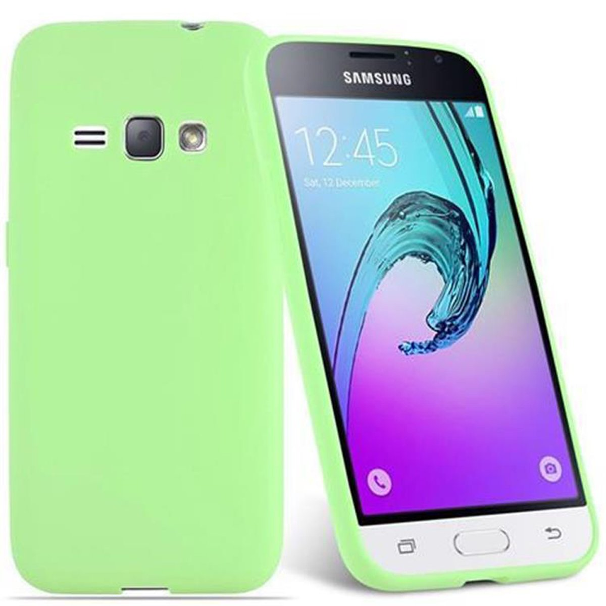 Telefono verde in custodia verde. Il telefono mostra la schermata iniziale e il logo Samsung.