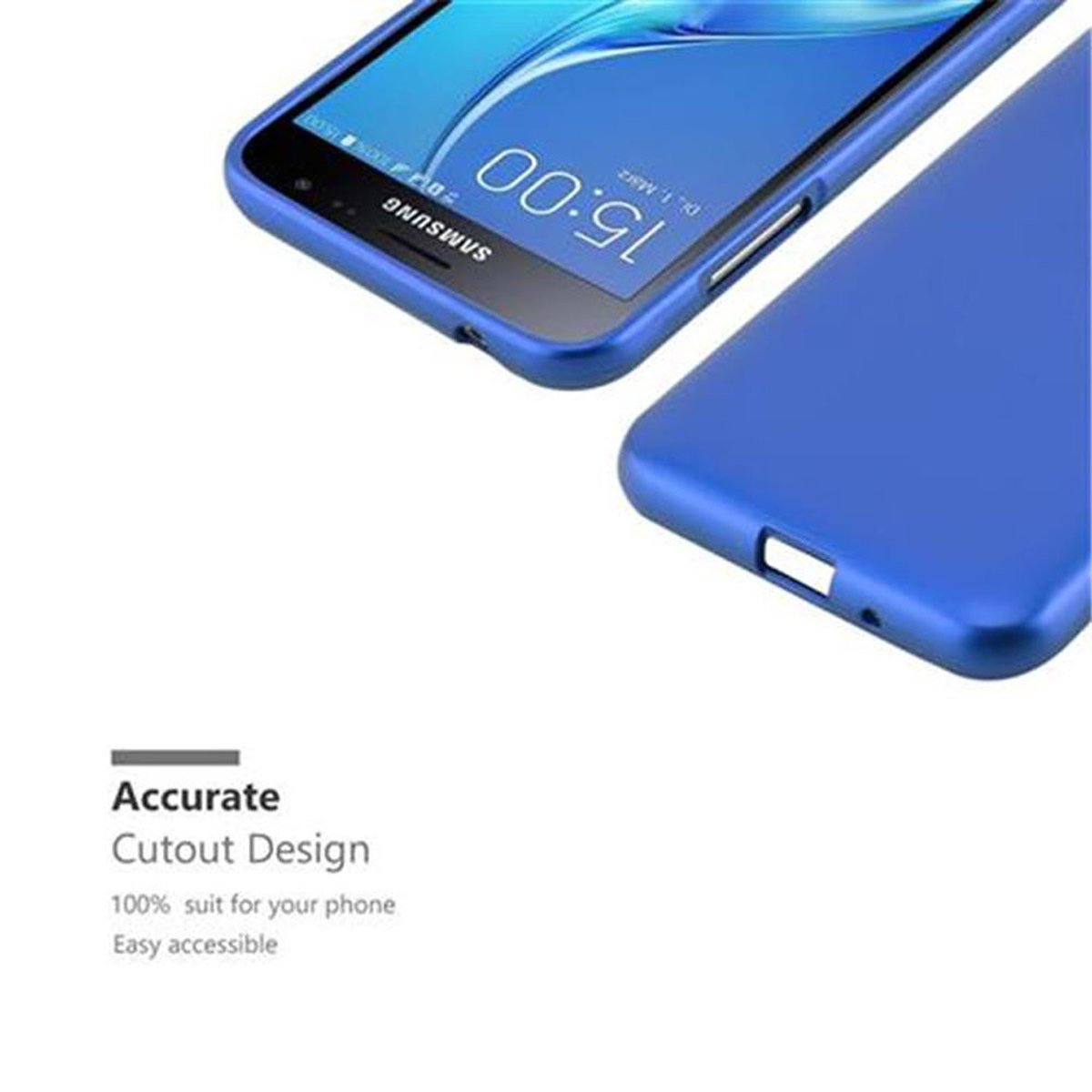 Funda de teléfono azul. El texto dice "Accurate Cutout Design" y 100% adecuado para tu teléfono.