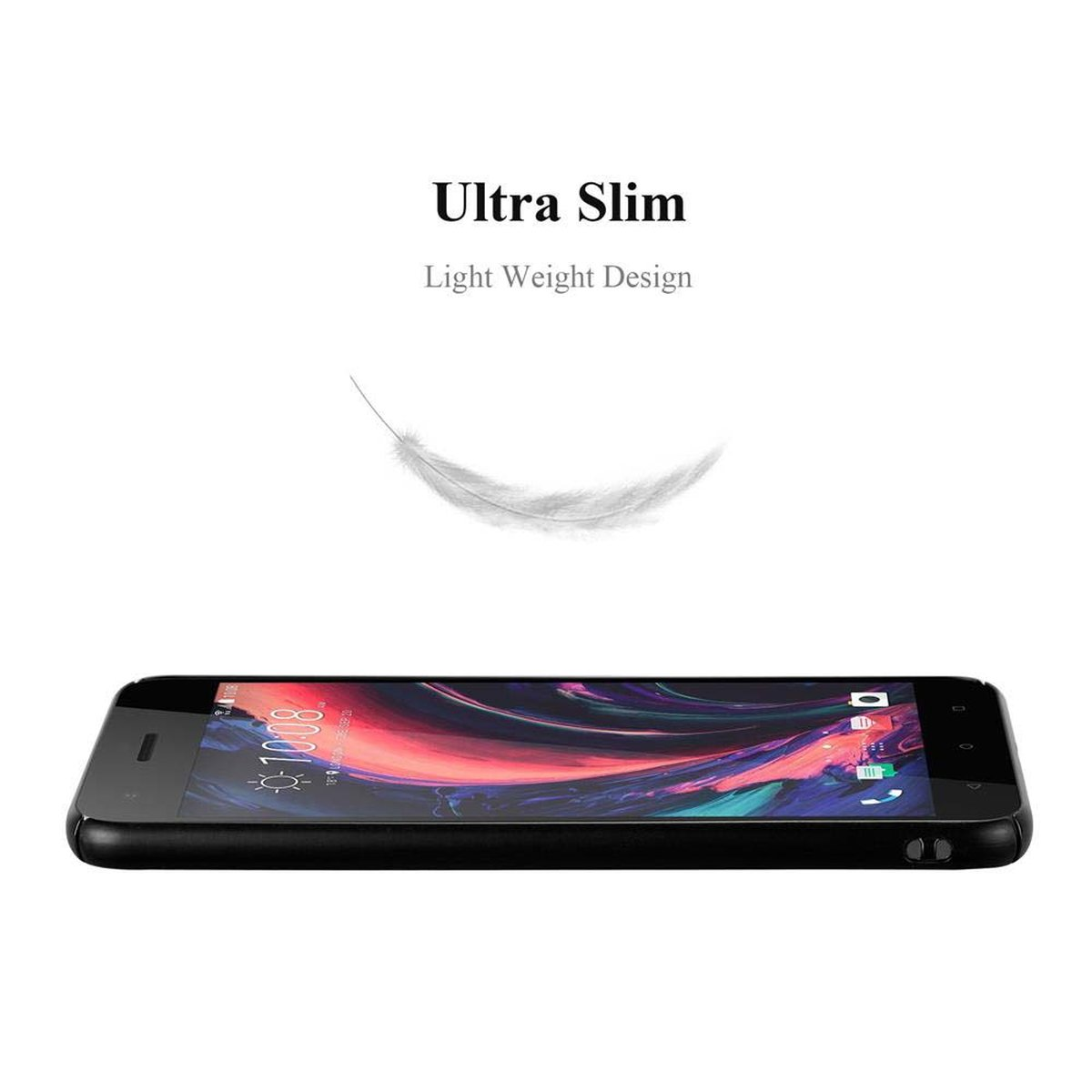 Telefono nero con un design minimalista. Un'illustrazione di una piuma è sopra il telefono.