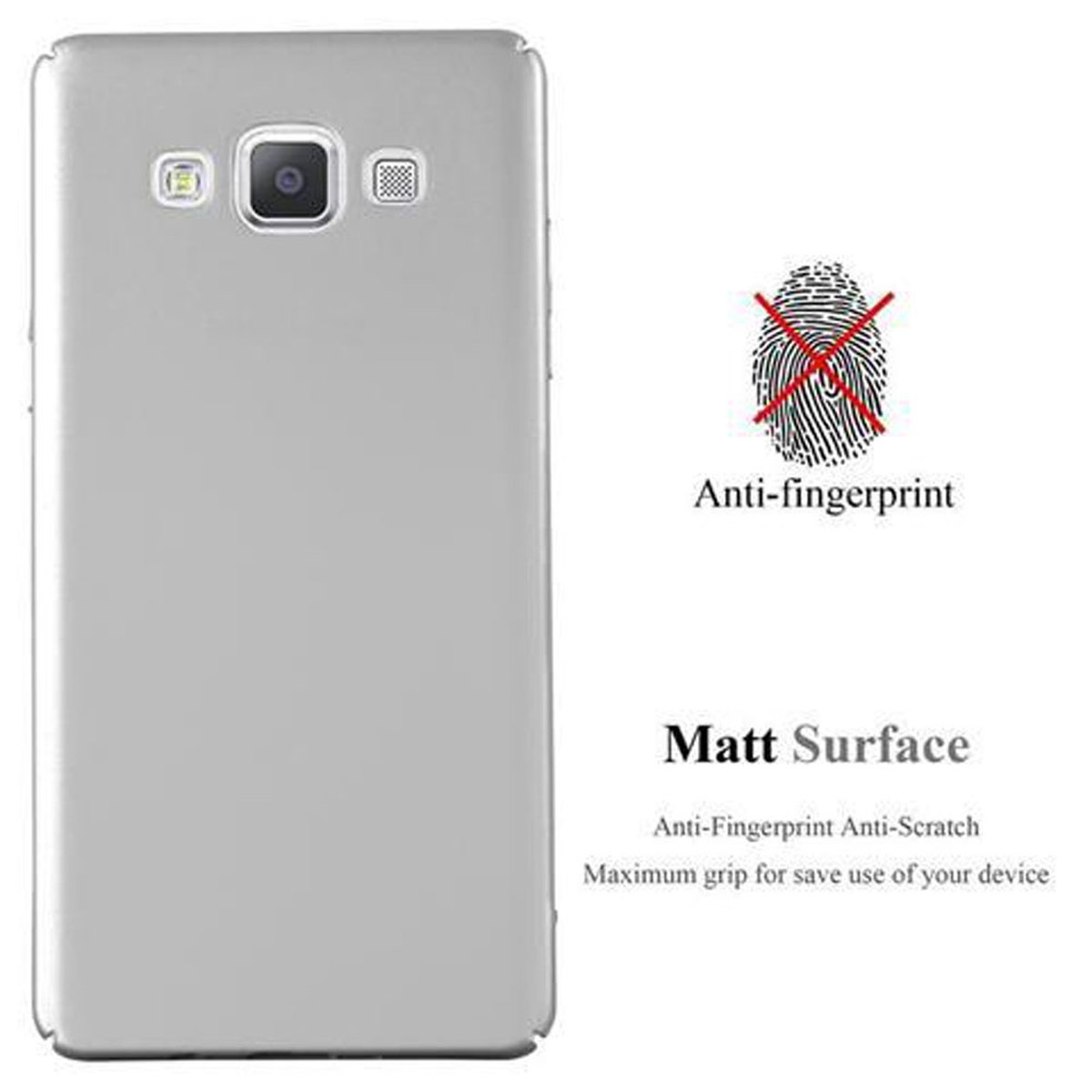 Funda gris para teléfono en el lado izquierdo. Tiene Anti-huellas dactilares y superficie mate.