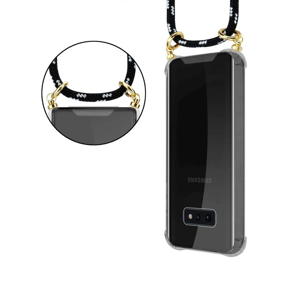 Un telefono con un cordino. Il telefono è in una custodia trasparente con un cordino nero e oro.