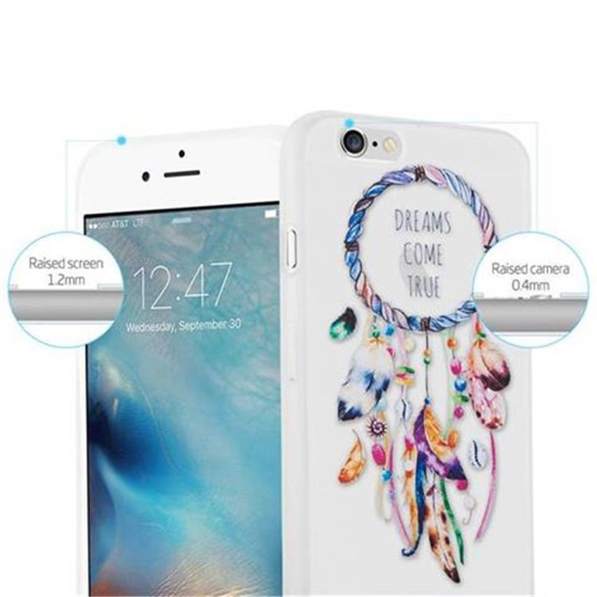 Custodia per telefono bianca con un design acchiappasogni. Il testo "Dreams Come True" è visibile.
