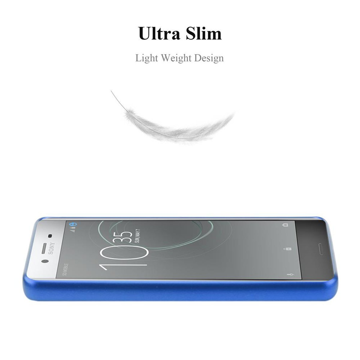 Custodia blu con telefono; una piuma fluttua sopra, testo: ultra sottile.