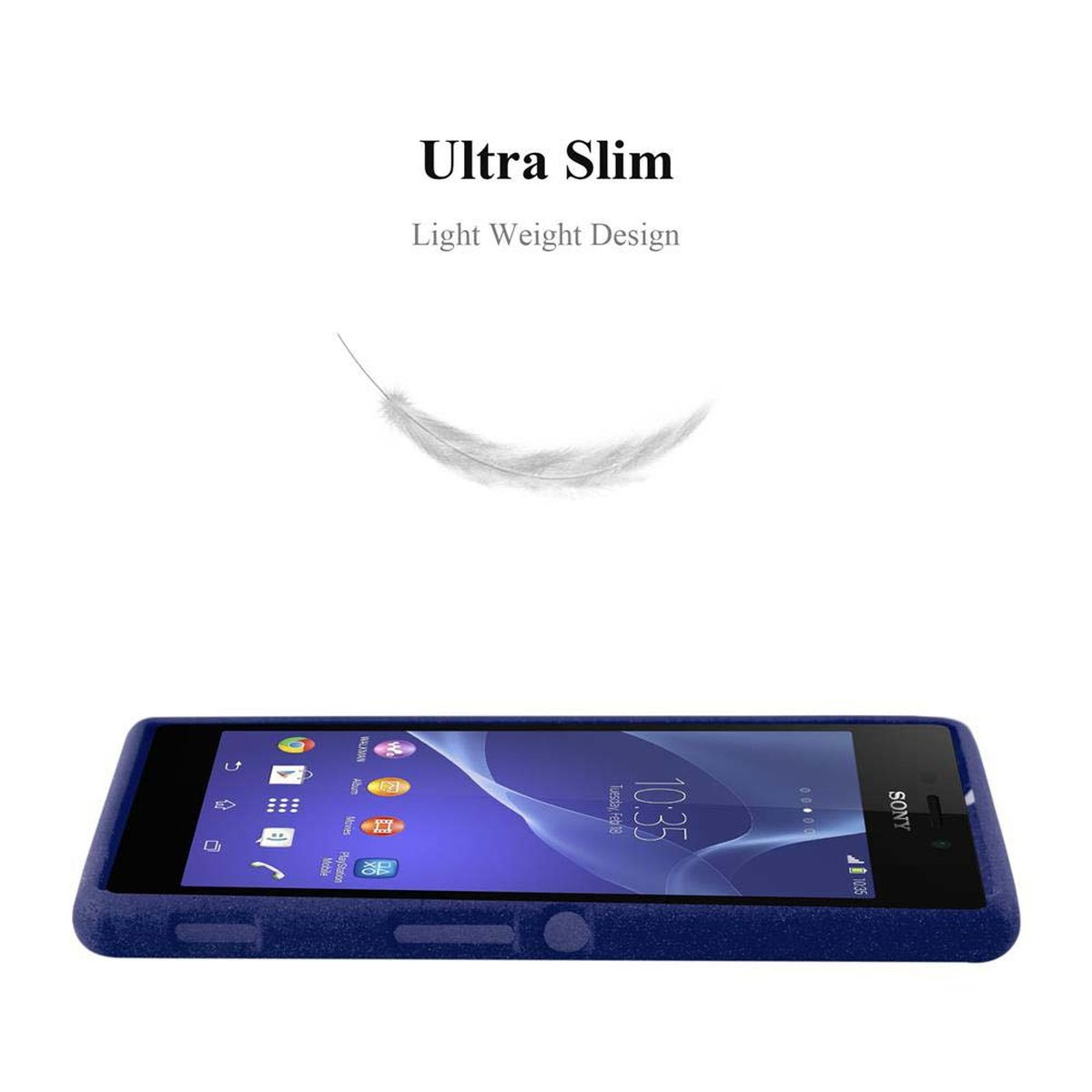 Uno smartphone con schermo blu. Una piuma fluttua sopra, con il testo 'Ultra Slim'.