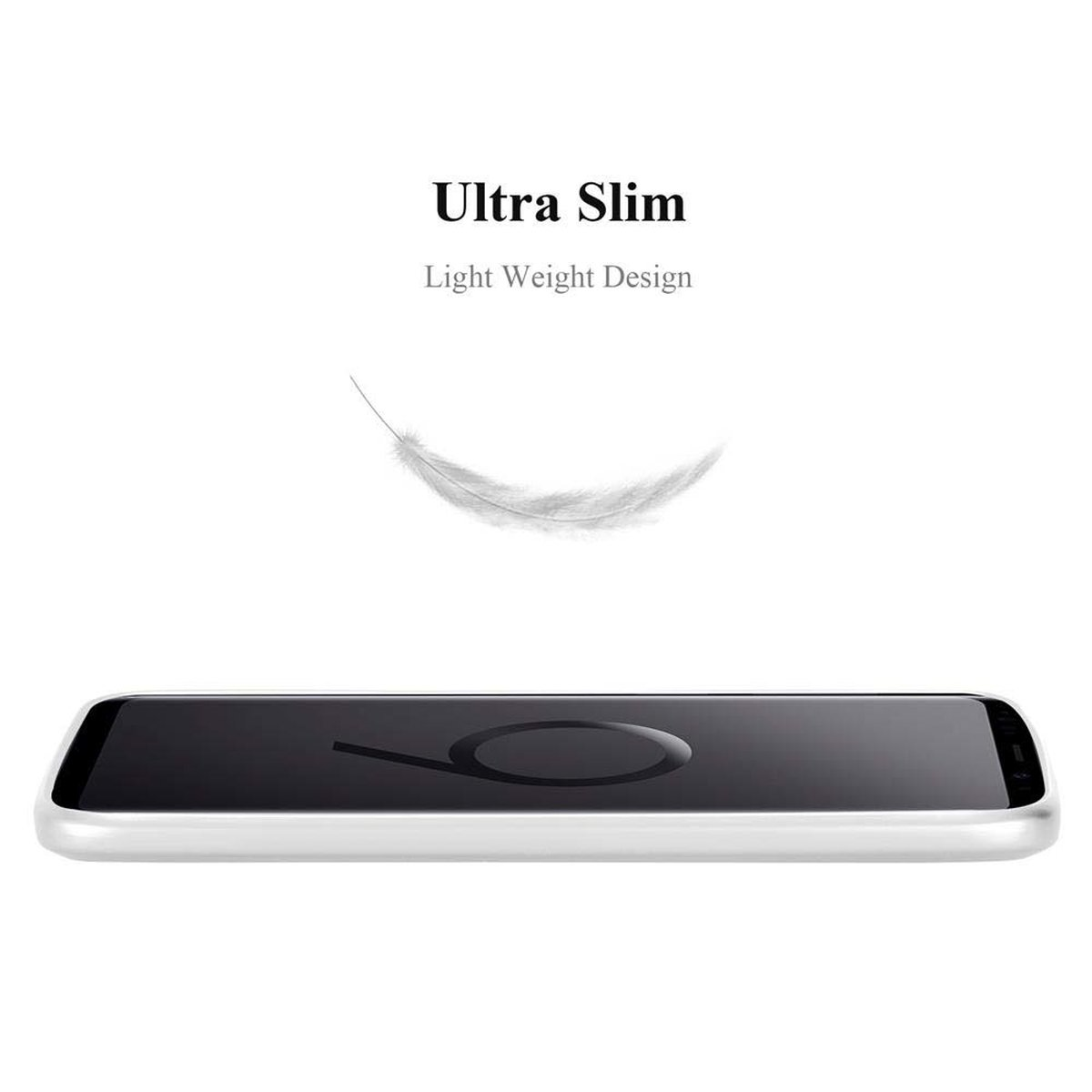 Eine weiße Handyhülle mit schwarzem Bildschirm. Der Hintergrund ist weiß, mit den Worten 'Ultra Slim' und einer Feder.