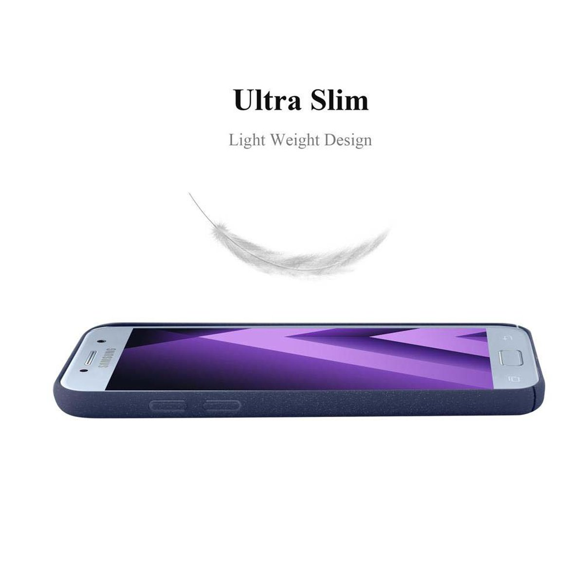 Blaue Handyhülle mit Telefon, ultradünnes Design, leicht und eine Federgrafik.