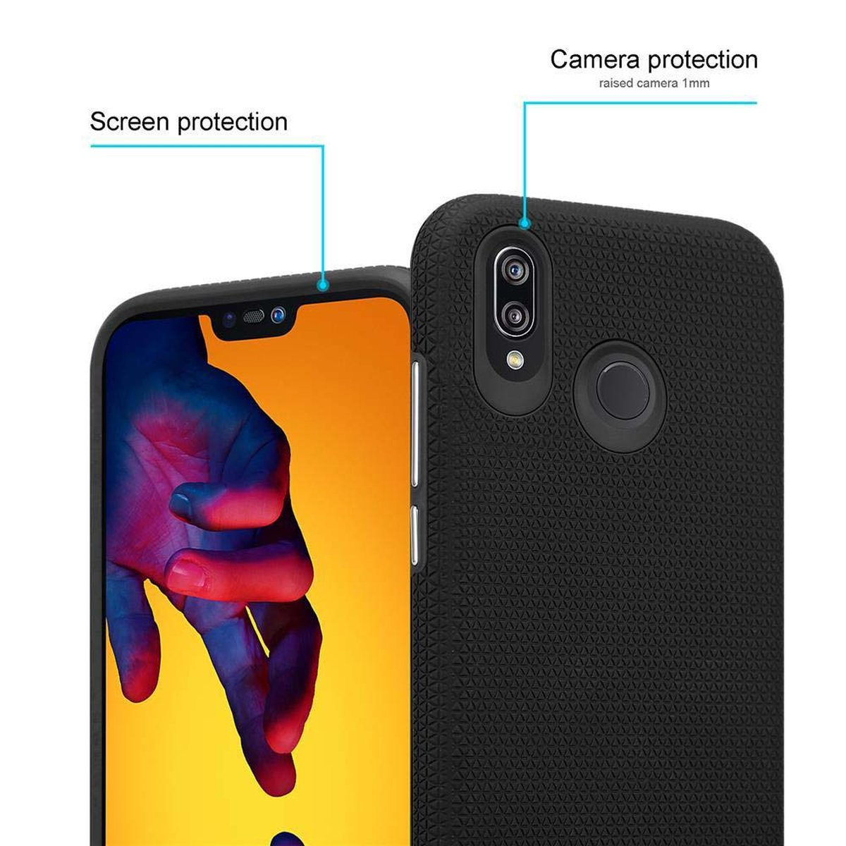 Telefono nero in una custodia, area fotocamera. Vengono mostrate la protezione dello schermo e la protezione della fotocamera. La superficie è strutturata.