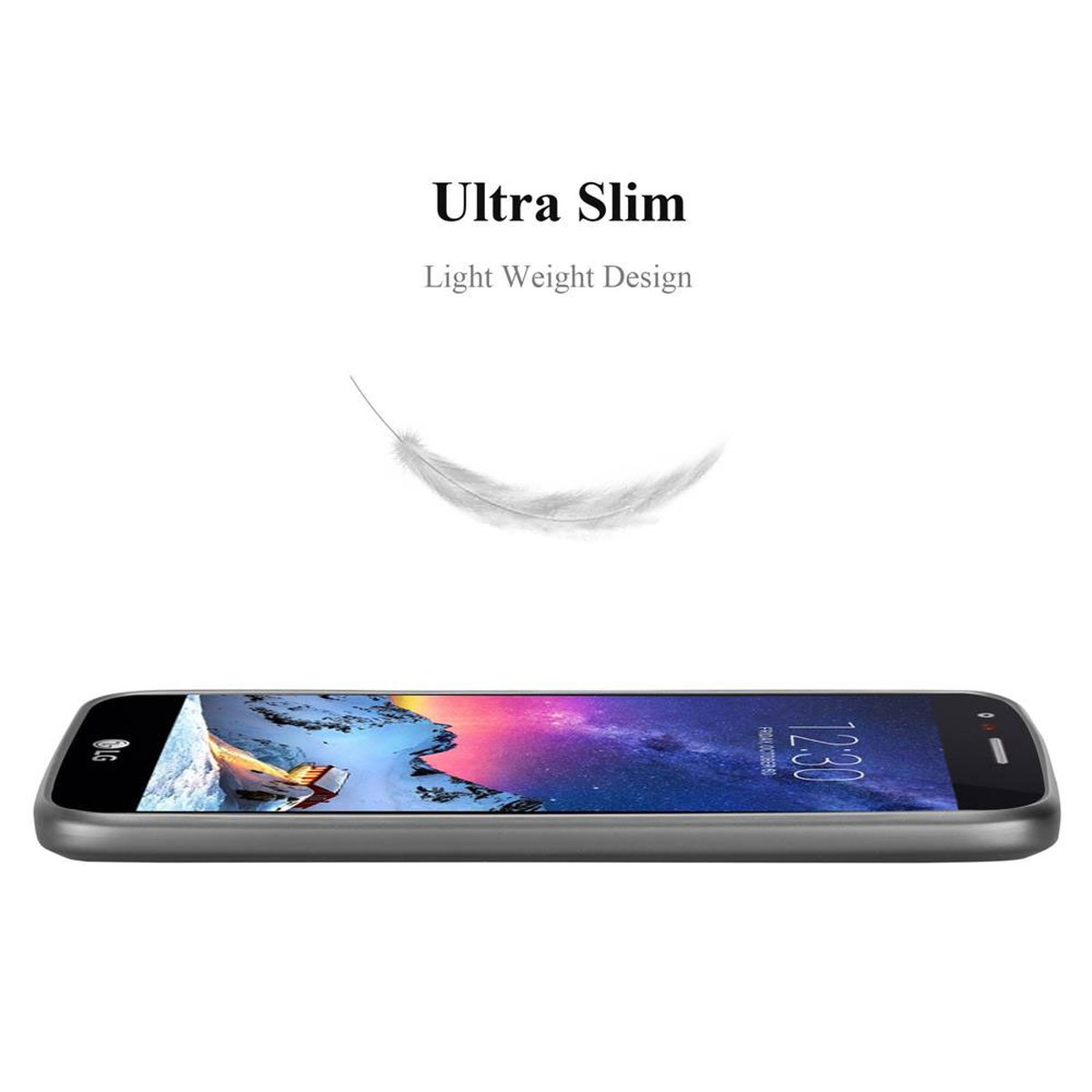 Telefono in una custodia grigia. Testo: Ultra Slim, Light Weight Design. Viene mostrata una grafica a piuma.