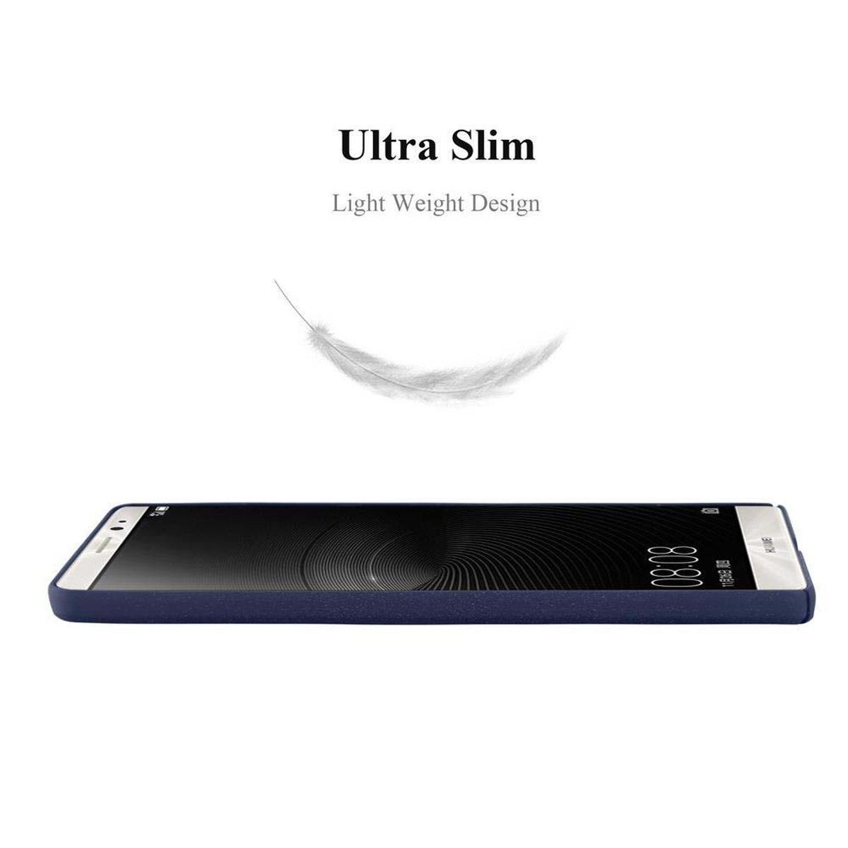 Ein blaues Telefon in einer Hülle liegt flach. Eine Feder schwebt darüber.