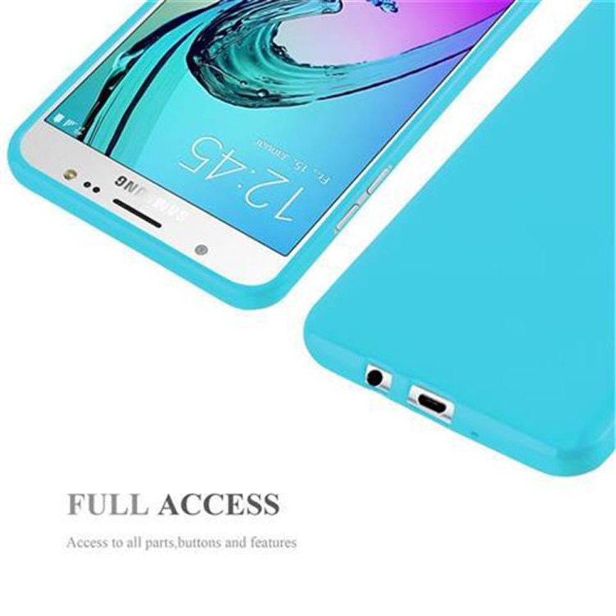 Funda de teléfono azul y teléfono. El teléfono es azul claro. Fondo blanco con texto debajo.