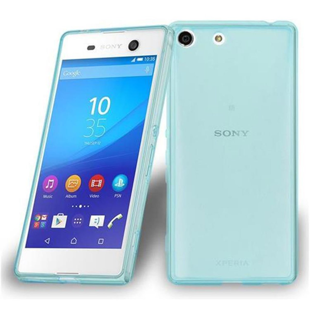 Un telefono Sony bianco e blu con custodia trasparente. Lo schermo mostra ora e icone.