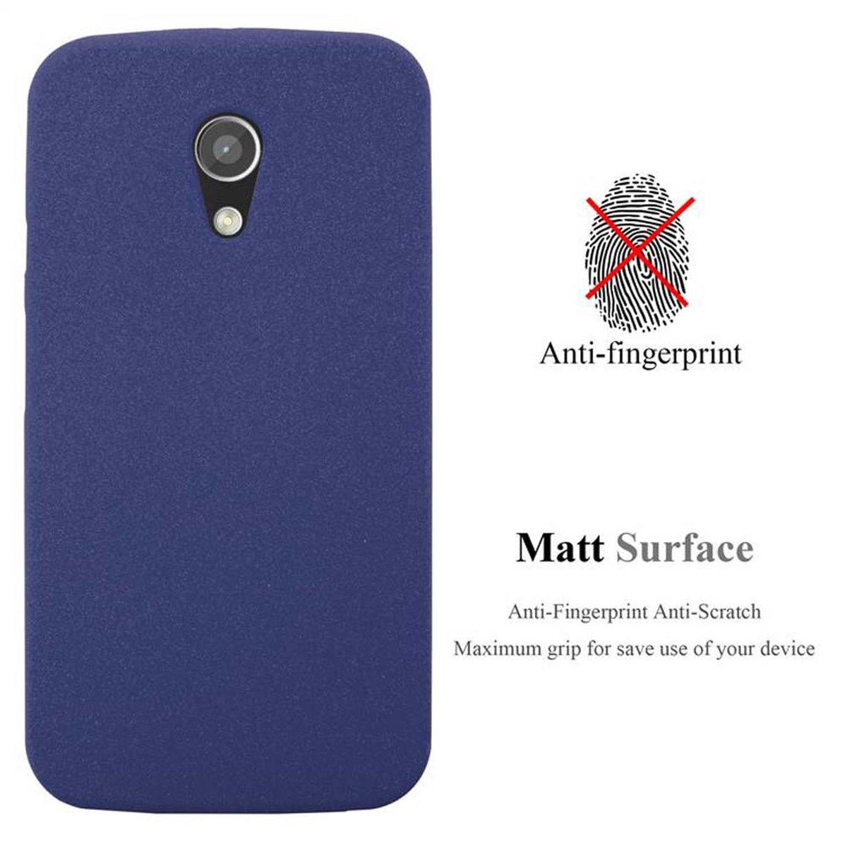 Funda azul para teléfono. Texto anti-huellas, superficie mate. Descripción: anti-huellas y anti-arañazos.