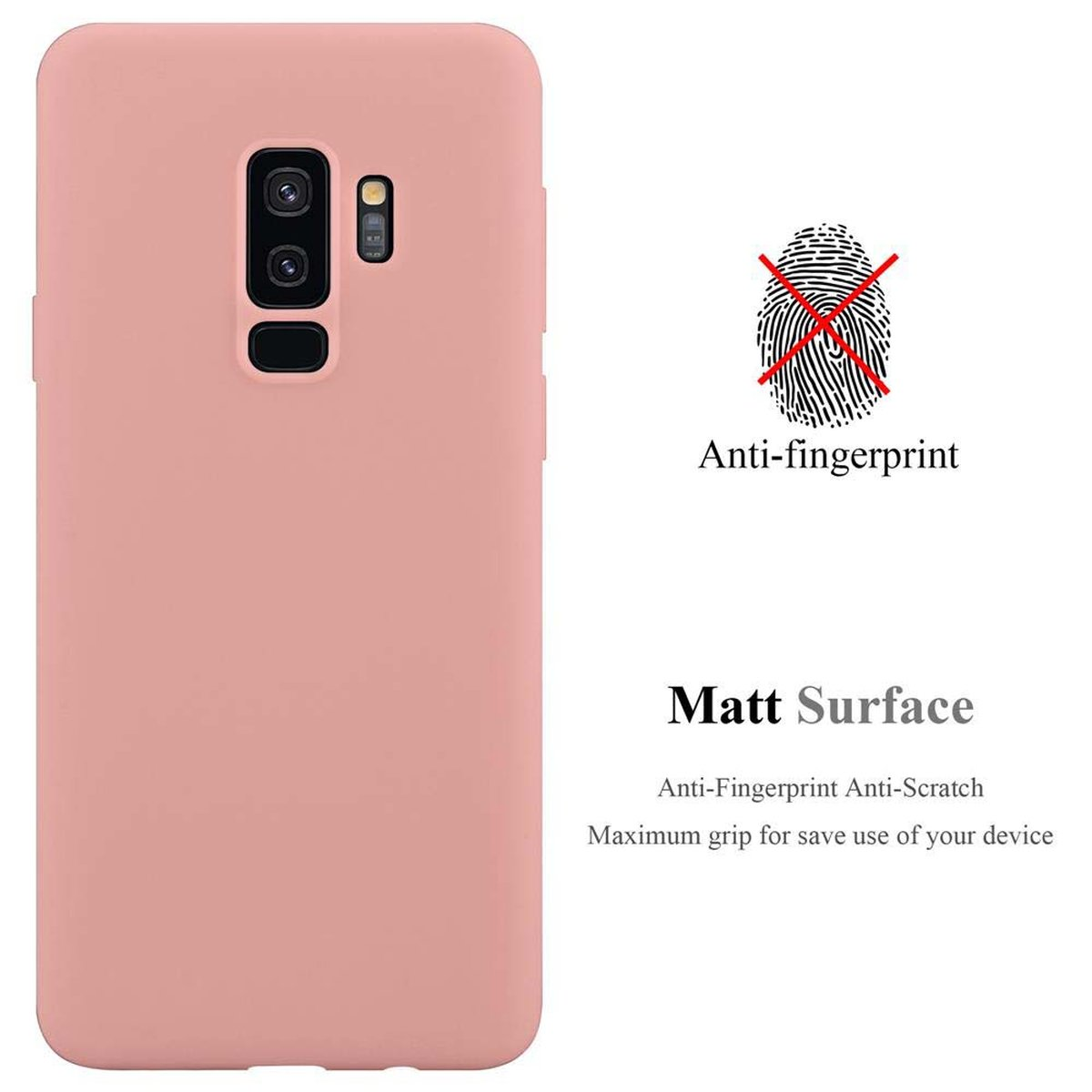 Custodia rosa per telefono con testo: Anti-impronte, Superficie opaca. Grafica impronta digitale con 'X' rosso.