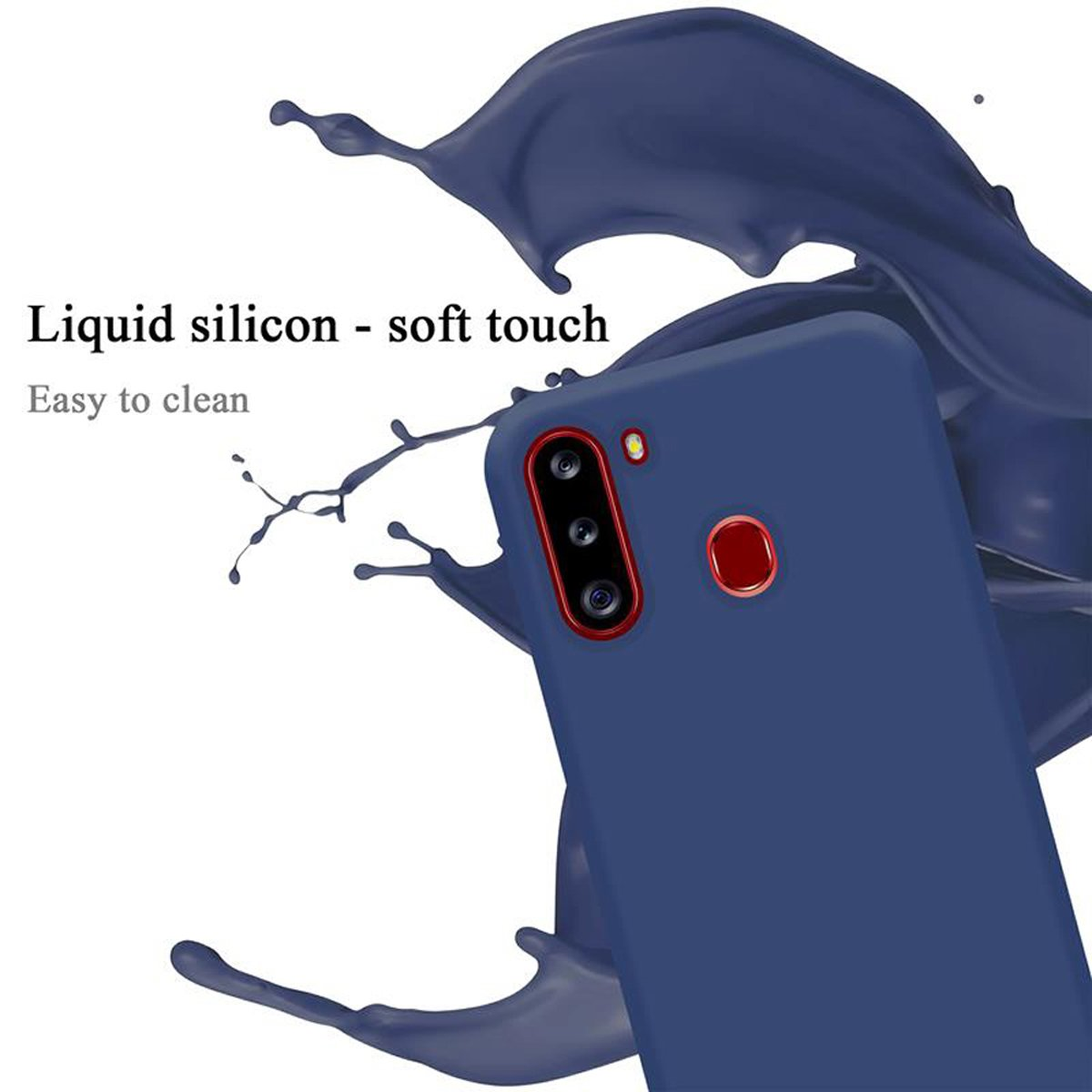 Blaue Handyhülle mit Telefon. Flüssigkeitsspritzer-Effekt.