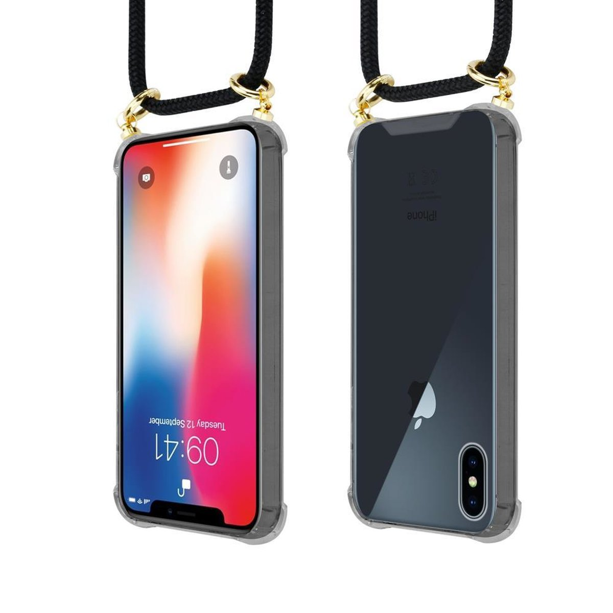 CADORABO Handy Kette mit XS, Ringen, Band / Hülle, Backcover, iPhone abnehmbarer Gold Kordel und SCHWARZ X Apple