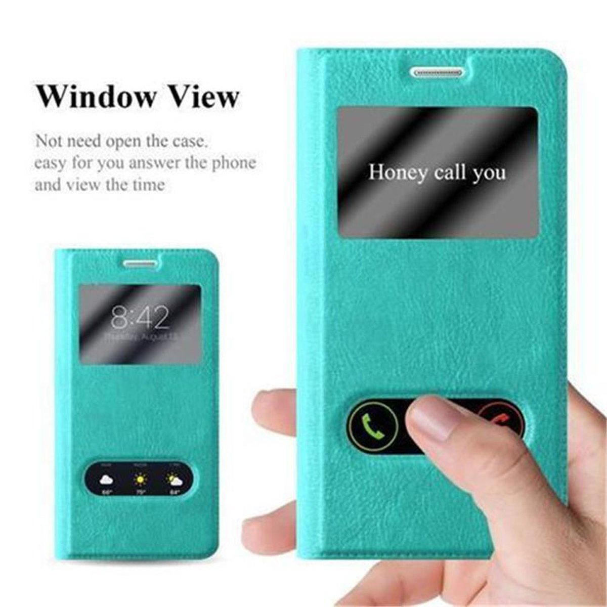 Funda de teléfono verde azulado con vista de ventana. Mano sosteniendo la funda con botones de llamada y rechazo.