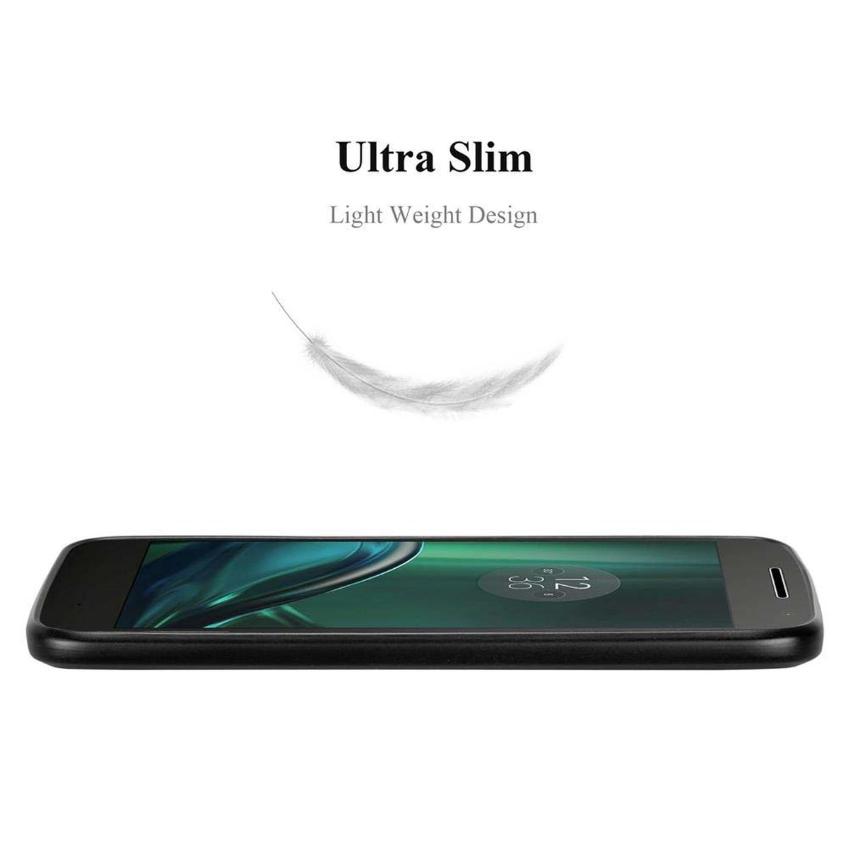 Un telefono in una custodia visto di lato. Il testo dice 'Ultra Slim' e 'Light Weight Design'.