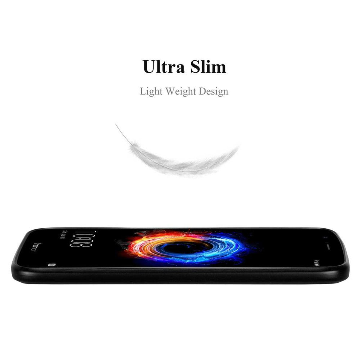 Un telefono nero in una custodia. Una piuma fluttua sopra il telefono con il testo 'Ultra Slim'.