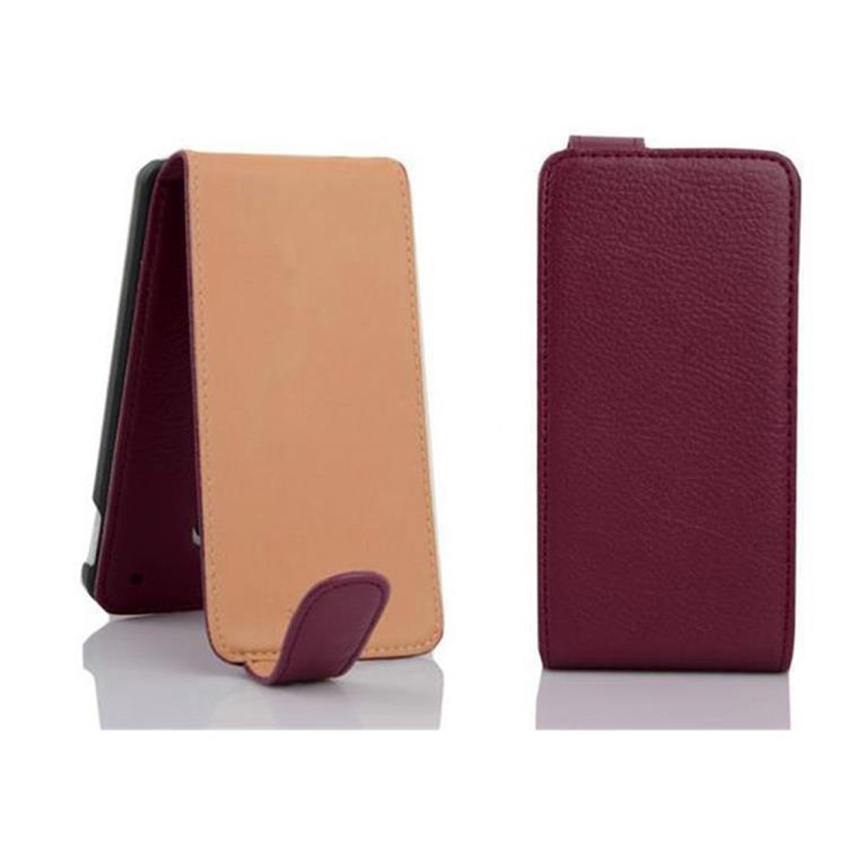Funda de teléfono abierta, mostrando una cubierta beige y una cubierta trasera burdeos.