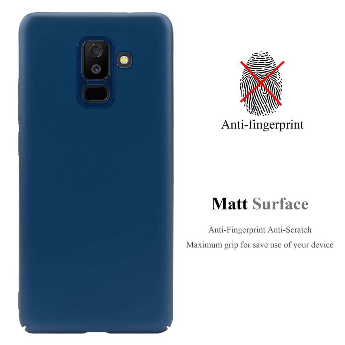 Blaue Handyhülle. Text: 'Anti-Fingerprint' und 'Matt Surface'.
