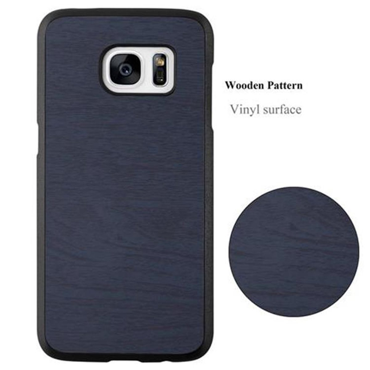Una custodia per telefono con un motivo in legno. Viene mostrato anche un piccolo cerchio con un motivo in legno.