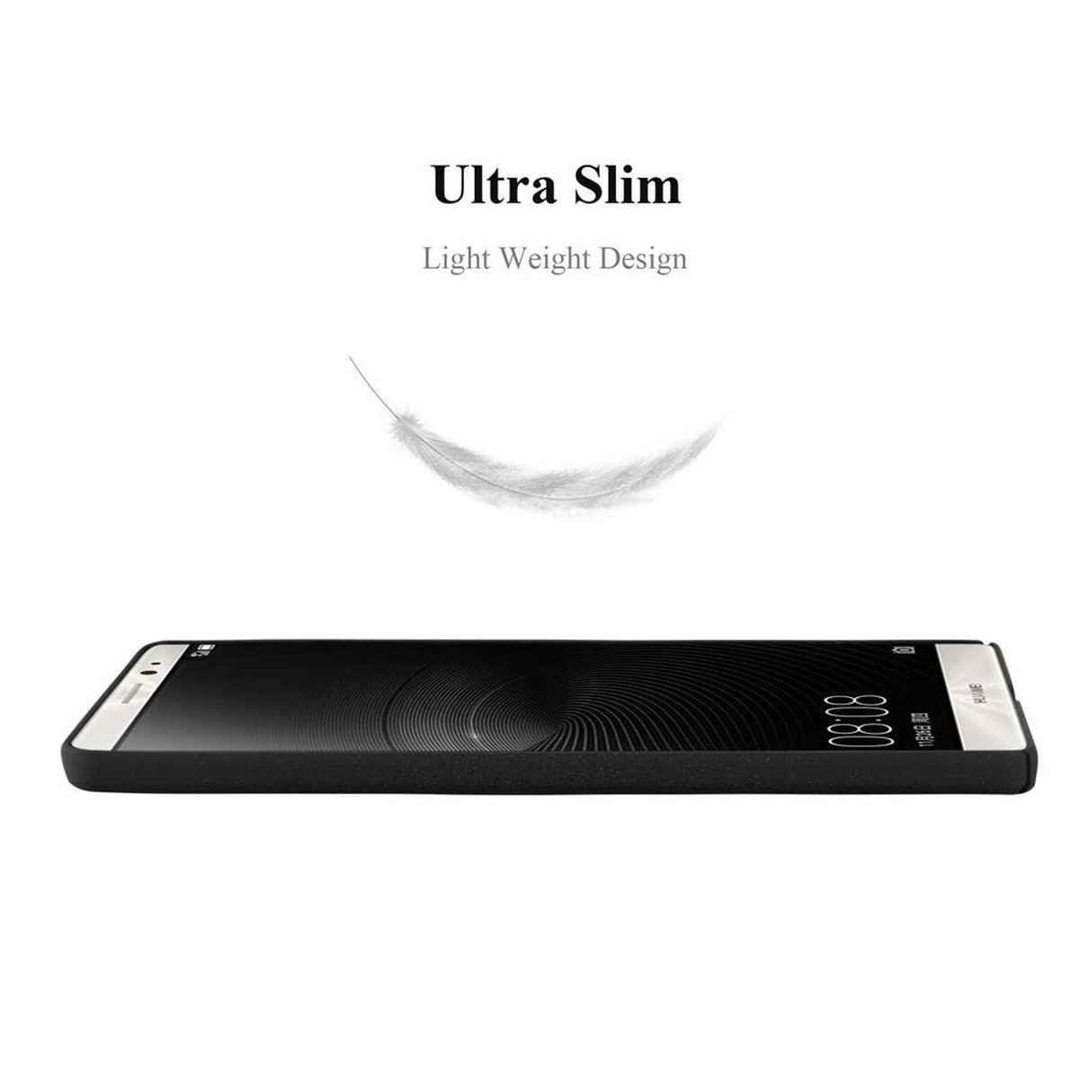 Schwarzes Smartphone, weißer Hintergrund, Ultra Slim Text, leichte Feder Grafik.