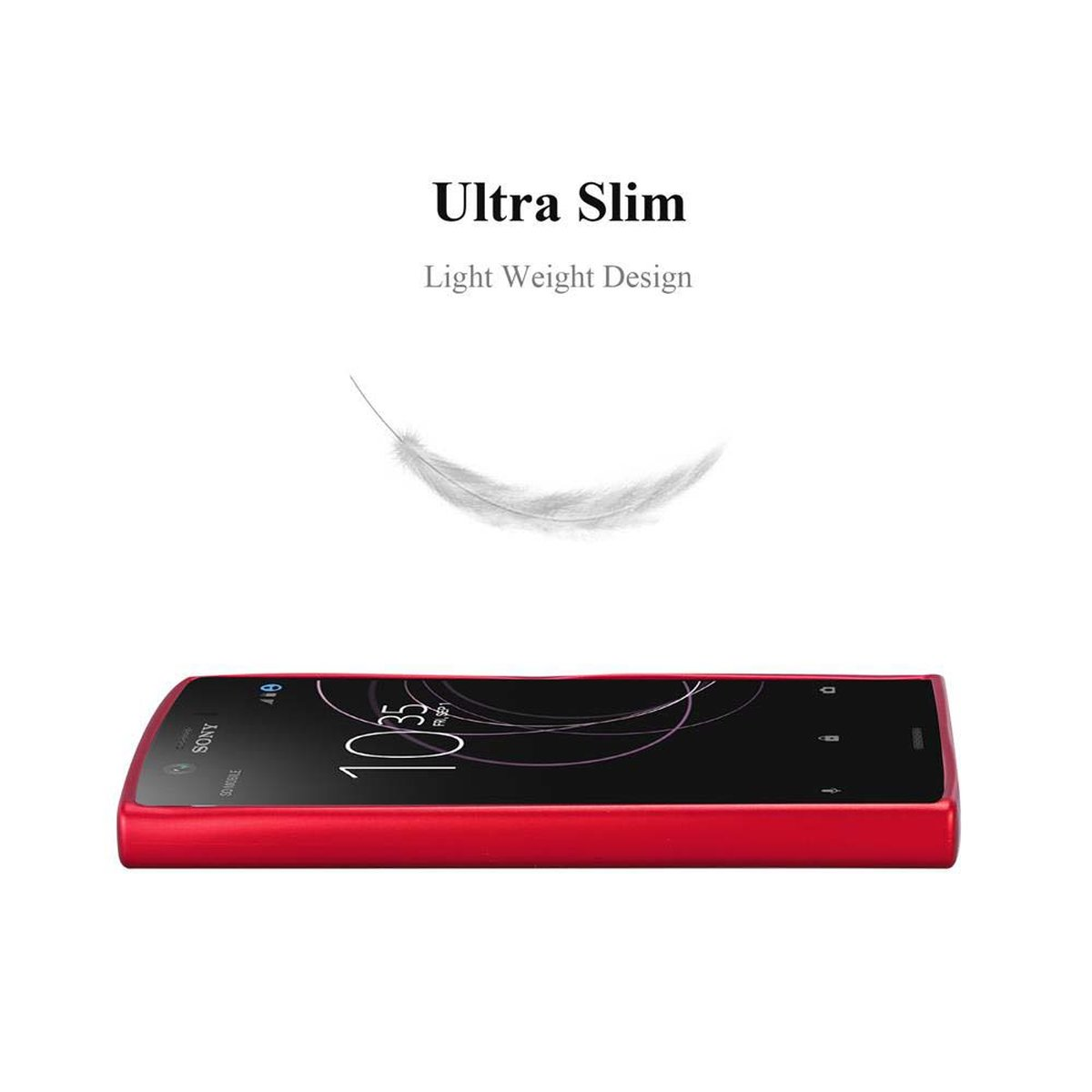 Telefono rosso su sfondo bianco. Una piuma fluttua sopra il telefono.