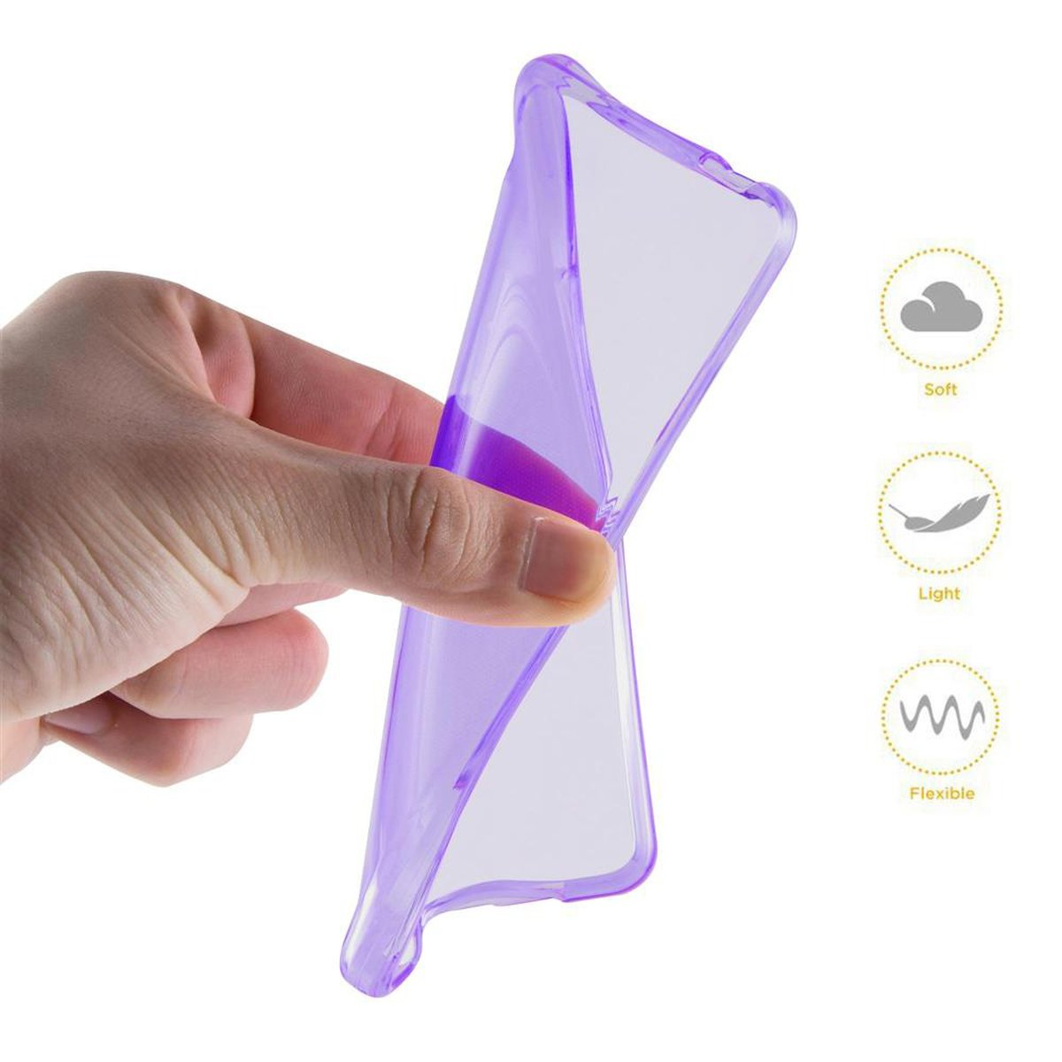 Mano che tiene una custodia per telefono flessibile, viola. Icone morbide, leggere e flessibili nelle vicinanze.