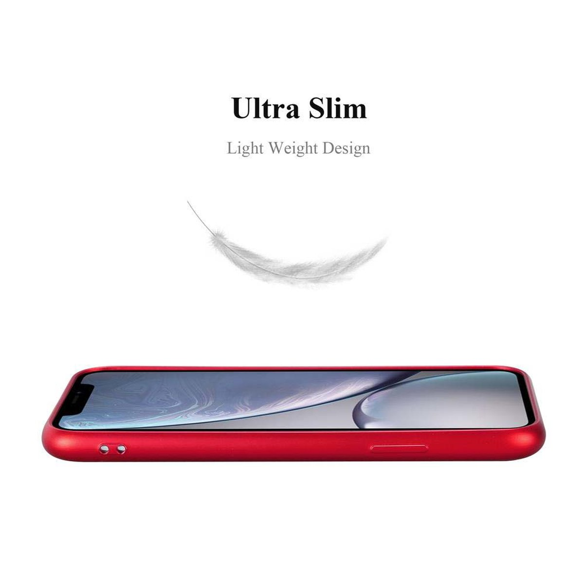 Custodia per telefono rossa con piuma e testo, Ultra Slim Light Weight Design su sfondo bianco.