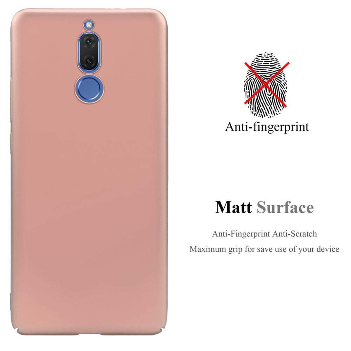Una custodia per telefono di colore rosa. Testo: Anti-impronte. Superficie opaca. Viene mostrato il retro del telefono.